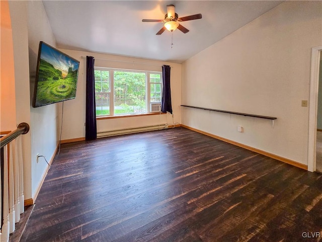 empty room featuring ceiling fan, lofted ceiling, dark hardwood / wood-style floors, and a baseboard heating unit