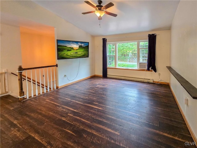 unfurnished room featuring ceiling fan, baseboard heating, dark hardwood / wood-style floors, and vaulted ceiling