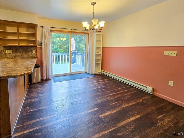 interior space with a baseboard radiator, an inviting chandelier, and dark hardwood / wood-style flooring