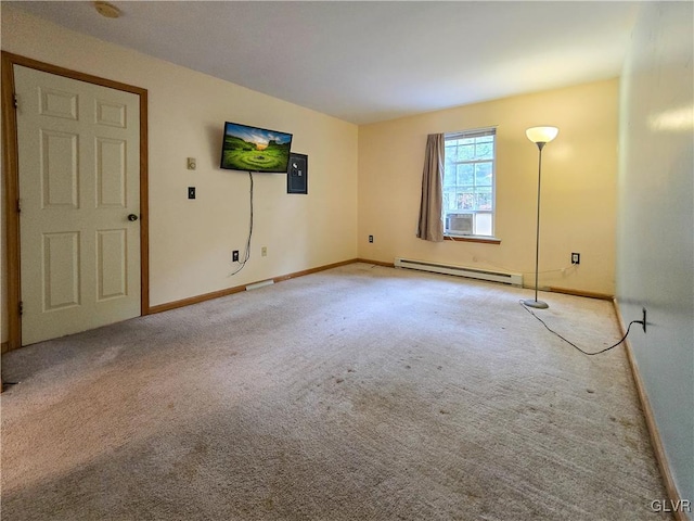 empty room with light carpet, cooling unit, baseboard heating, and electric panel