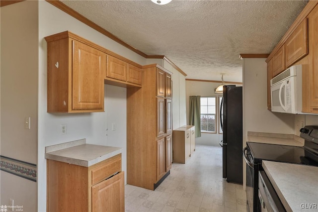 kitchen with a textured ceiling, black appliances, ornamental molding, and hanging light fixtures