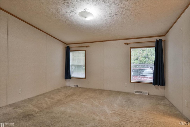 carpeted empty room featuring a textured ceiling and crown molding