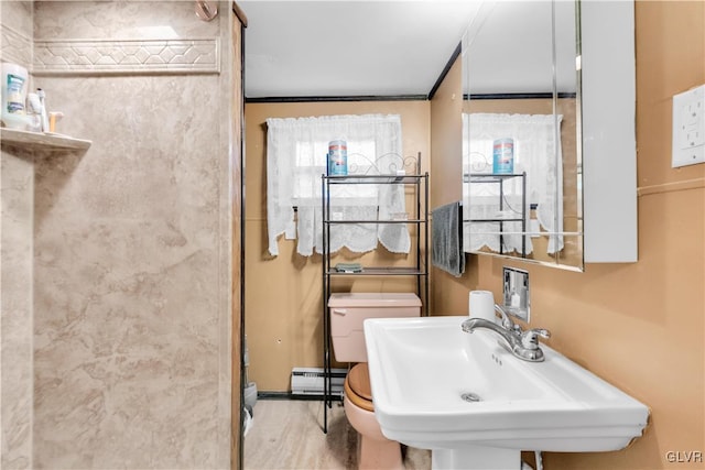 bathroom featuring wood-type flooring, sink, a baseboard radiator, ornamental molding, and toilet