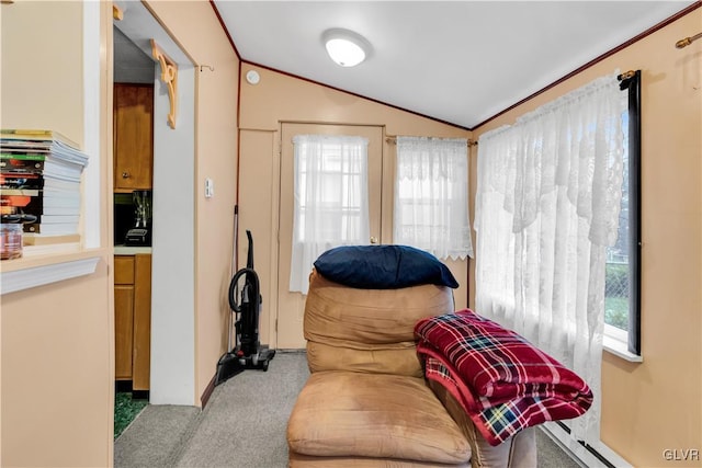 sitting room with lofted ceiling, light colored carpet, and plenty of natural light