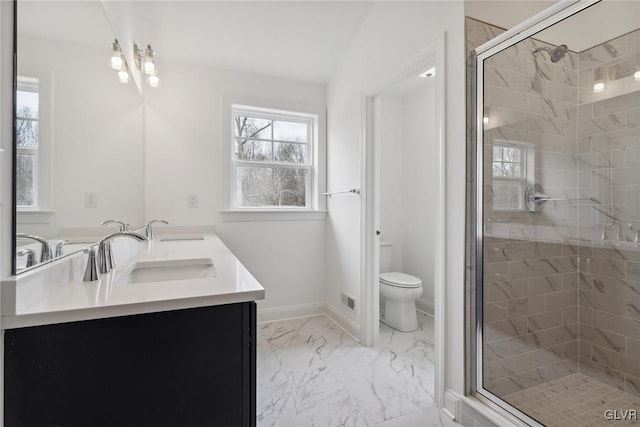 bathroom with toilet, an enclosed shower, and vanity