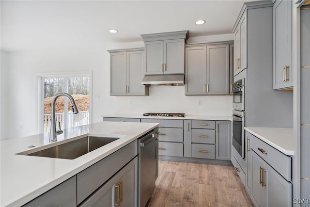 kitchen featuring light hardwood / wood-style floors, stainless steel appliances, sink, and gray cabinetry