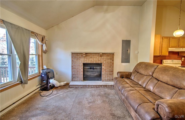 living room featuring carpet, a baseboard heating unit, electric panel, and a fireplace