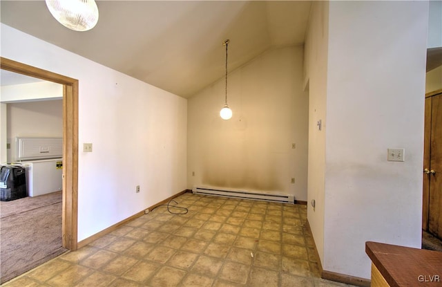 unfurnished dining area with a baseboard radiator and lofted ceiling