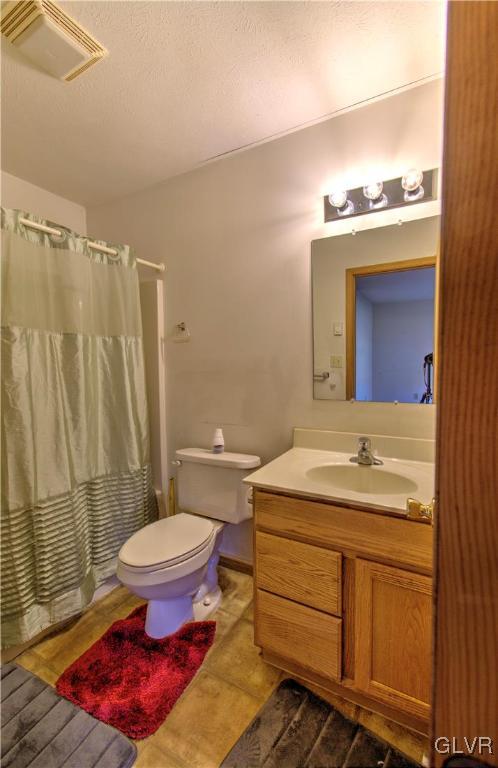 bathroom featuring vanity, toilet, and a shower with shower curtain