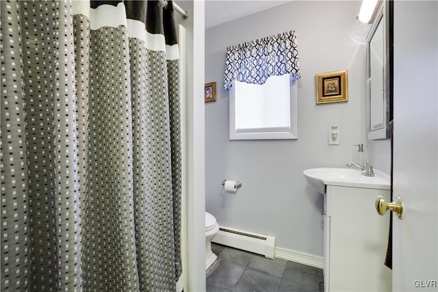 bathroom with vanity, tile patterned flooring, a shower with shower curtain, a baseboard radiator, and toilet