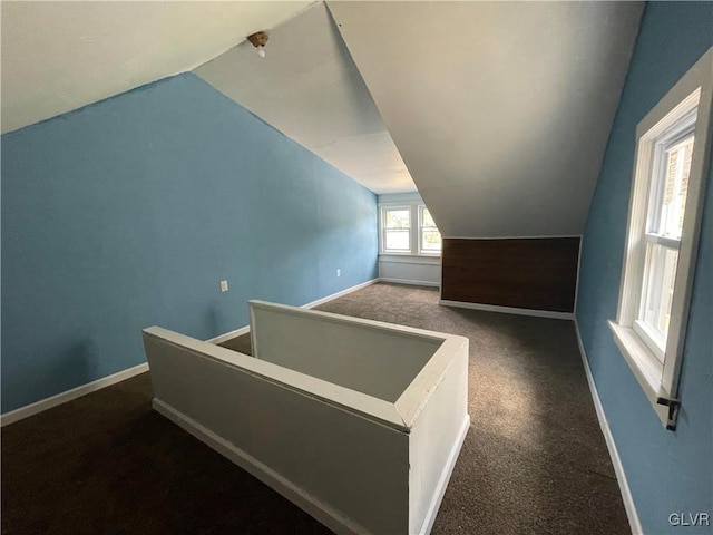 carpeted bedroom with lofted ceiling