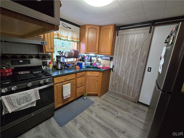 kitchen featuring appliances with stainless steel finishes, a barn door, and light hardwood / wood-style flooring