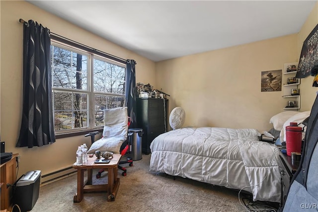 carpeted bedroom featuring a baseboard radiator