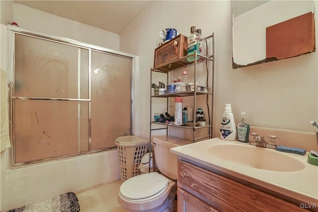 full bathroom featuring shower / bath combination with glass door, vanity, and toilet