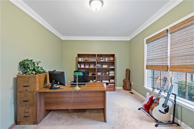 carpeted office space featuring ornamental molding