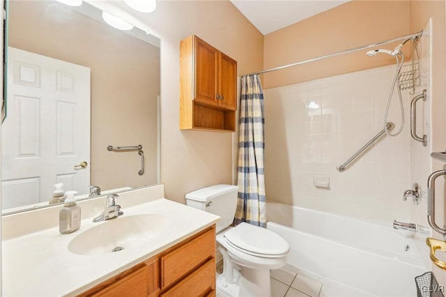 full bathroom with tile patterned floors, vanity, shower / tub combo, and toilet