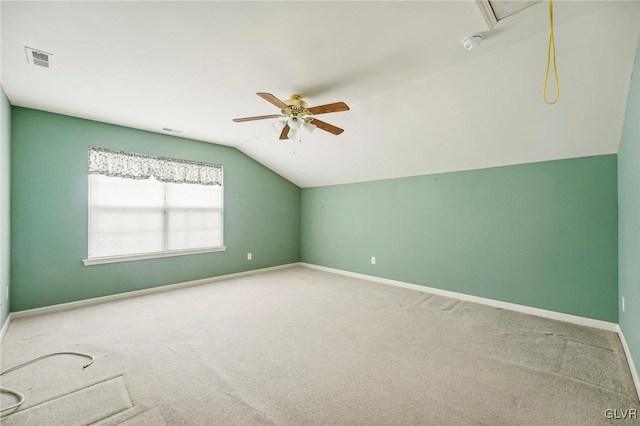 bonus room featuring vaulted ceiling, ceiling fan, and carpet flooring