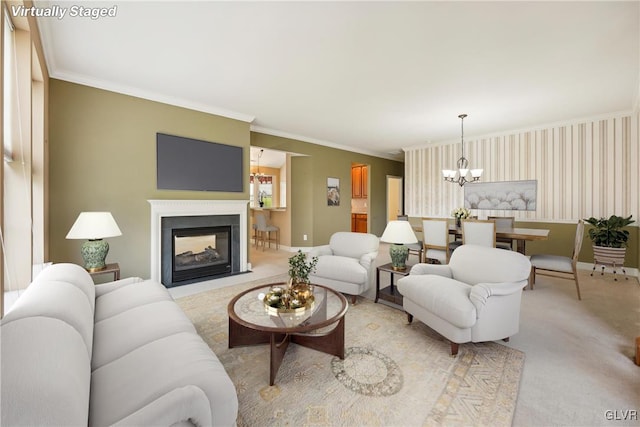 living room with crown molding, light colored carpet, a notable chandelier, and a multi sided fireplace