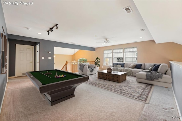 game room featuring ceiling fan, billiards, light carpet, and track lighting