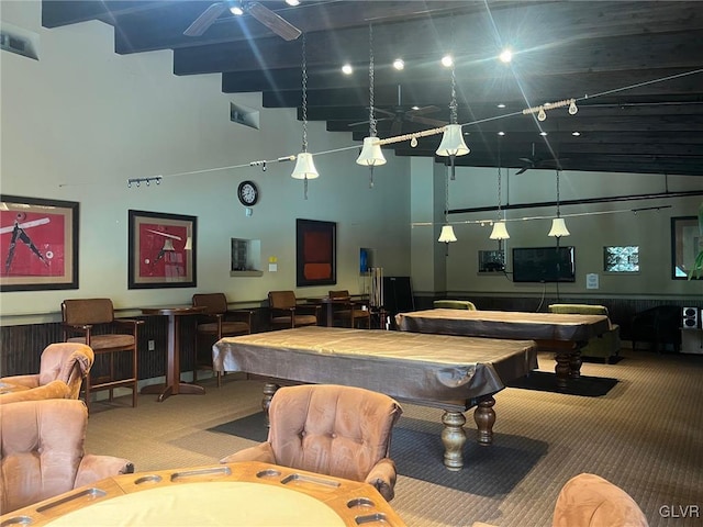 recreation room featuring pool table, a high ceiling, and carpet flooring