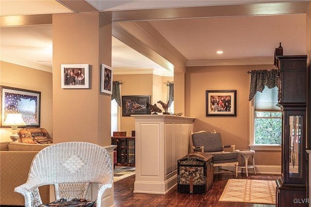 sitting room with ornamental molding and dark wood-type flooring