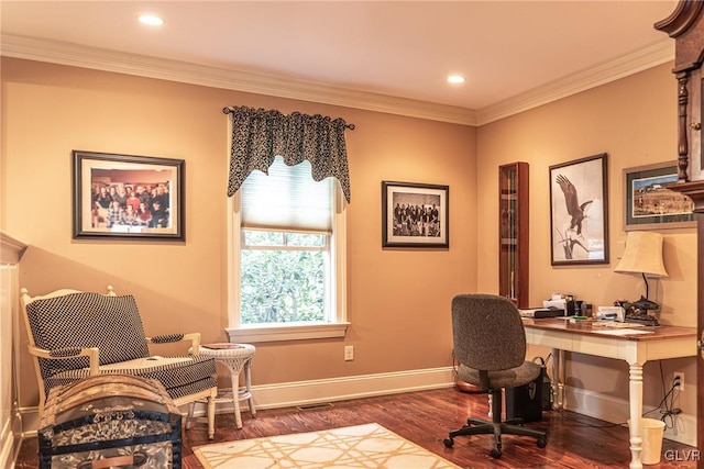 office area with crown molding and dark wood-type flooring