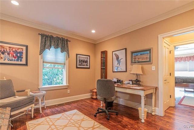 office area with wood-type flooring and crown molding