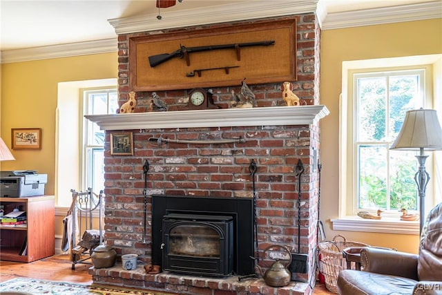 details with wood-type flooring and ornamental molding