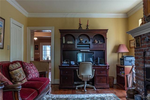 office space with crown molding and dark hardwood / wood-style flooring