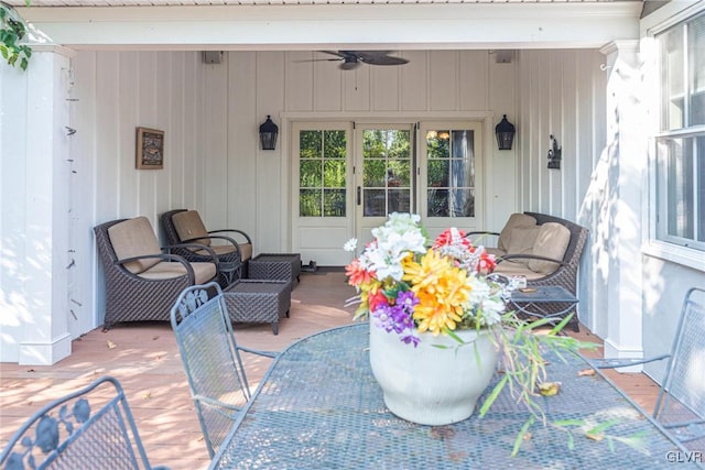 exterior space featuring ceiling fan