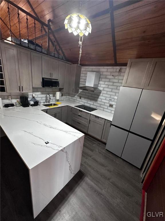 kitchen with gray cabinetry, black electric cooktop, sink, wooden ceiling, and dark hardwood / wood-style floors