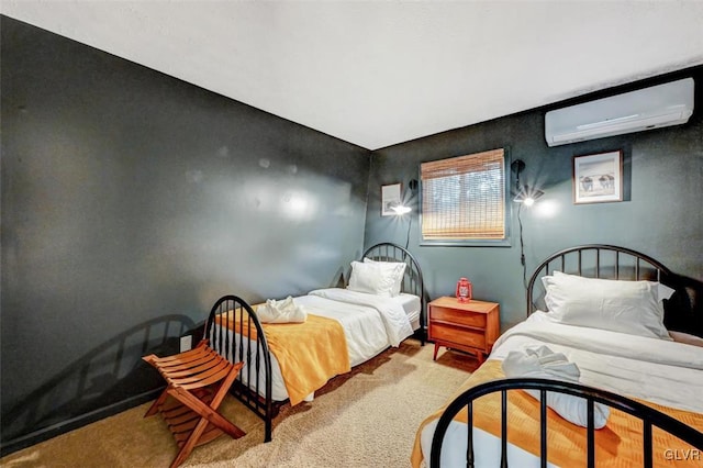 carpeted bedroom featuring an AC wall unit