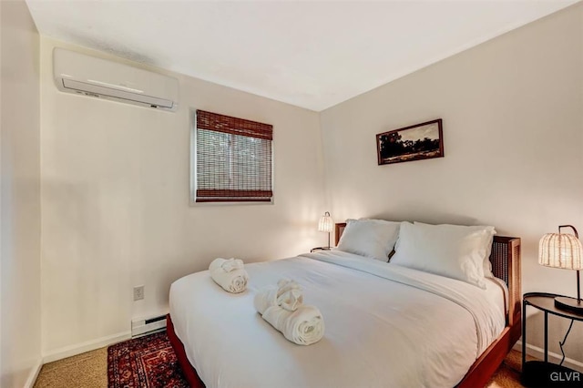 carpeted bedroom with an AC wall unit and a baseboard radiator