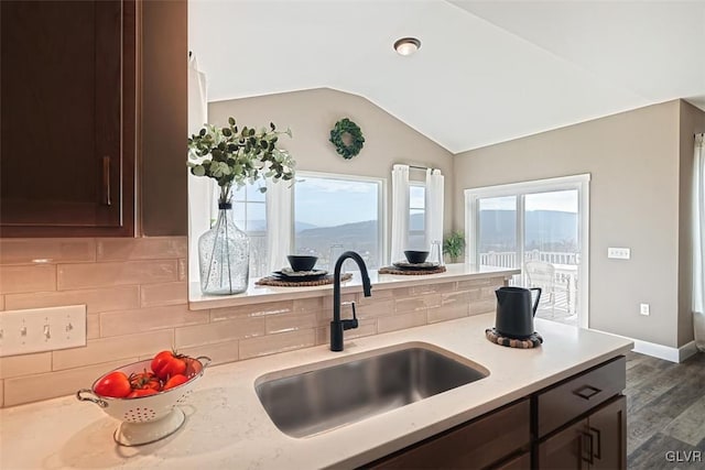 kitchen featuring dark brown cabinets, backsplash, a healthy amount of sunlight, and sink