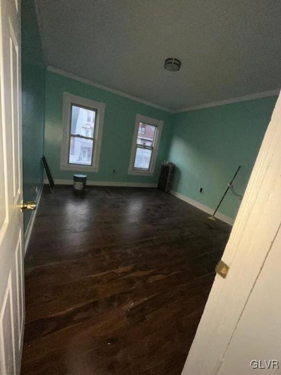 spare room with ornamental molding, a textured ceiling, and dark hardwood / wood-style floors