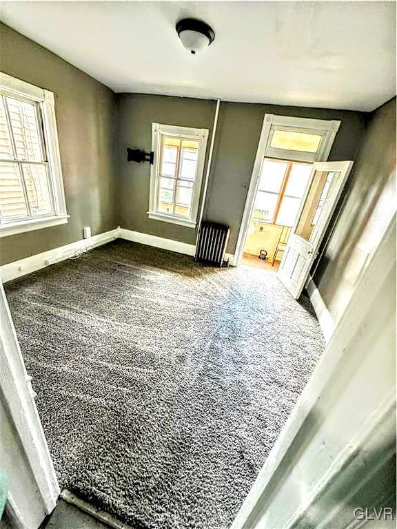 empty room with radiator and carpet floors