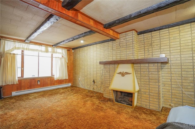 unfurnished living room featuring carpet floors, beamed ceiling, and a baseboard radiator