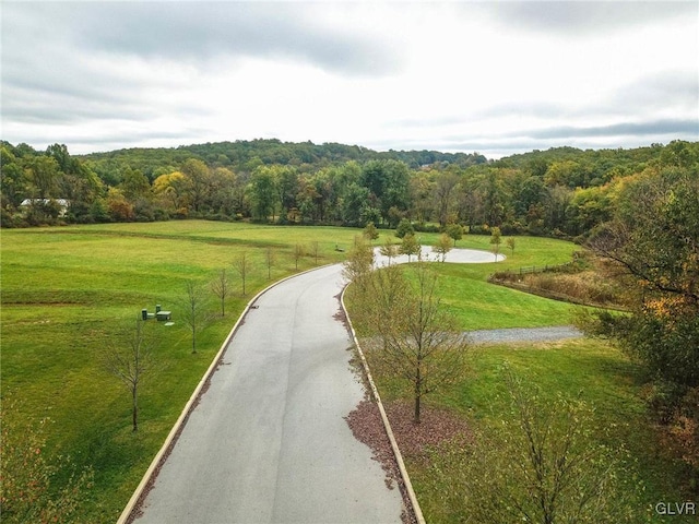 view of property's community with a wooded view, a water view, and a lawn