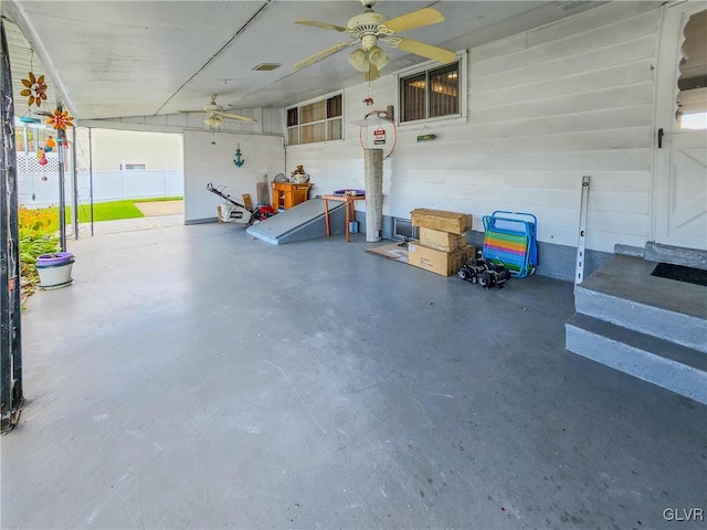 garage with ceiling fan