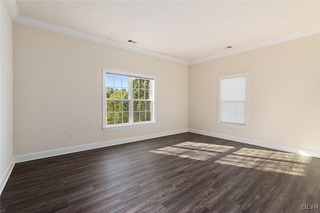 unfurnished room with dark hardwood / wood-style floors and crown molding