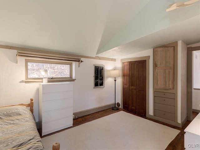 bedroom featuring hardwood / wood-style floors and lofted ceiling