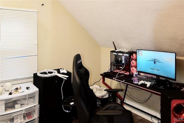 home office with vaulted ceiling