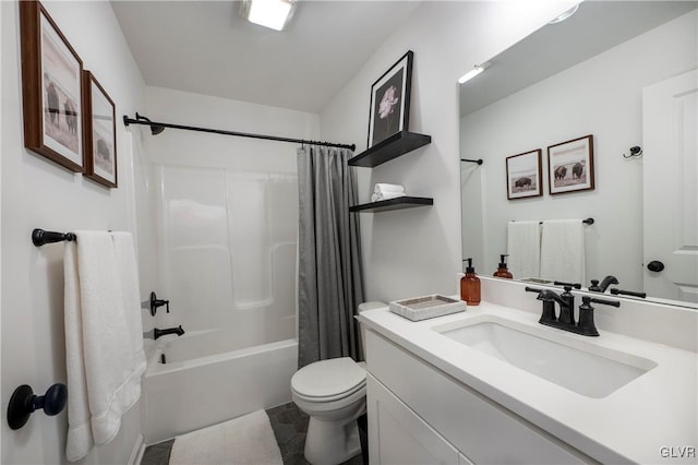 full bathroom featuring shower / bath combination with curtain, vanity, and toilet