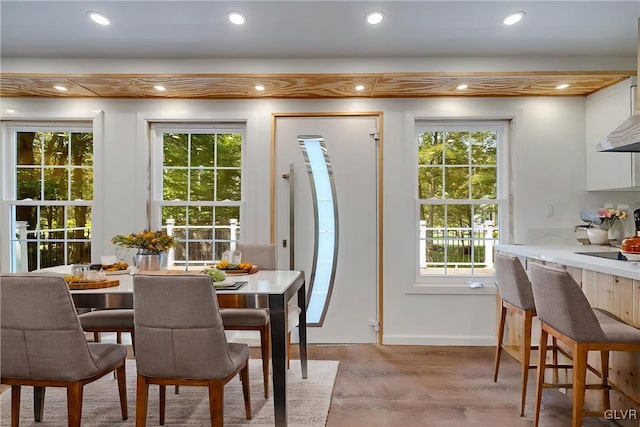 dining space with a wealth of natural light and light hardwood / wood-style floors