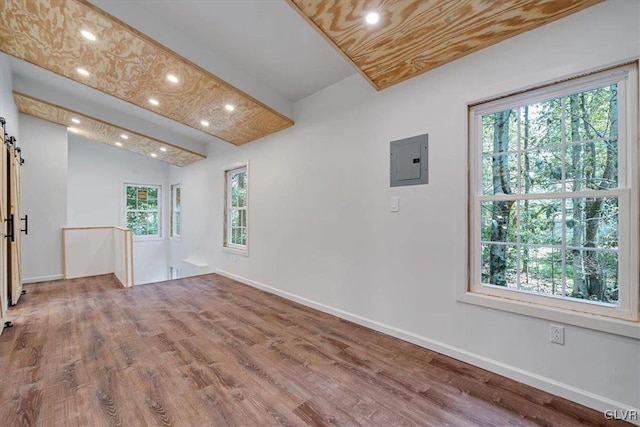 empty room featuring a barn door, hardwood / wood-style floors, and a healthy amount of sunlight