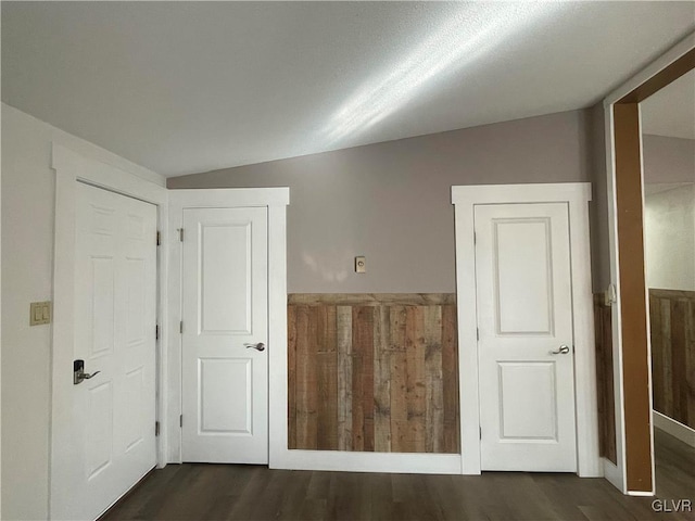 empty room featuring dark hardwood / wood-style flooring and lofted ceiling