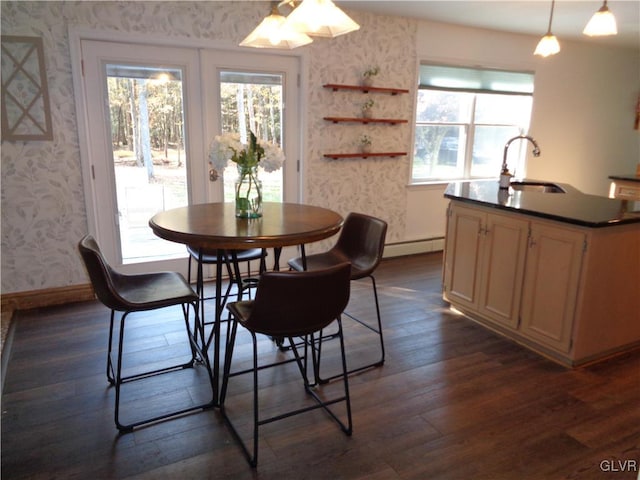 dining space featuring a baseboard radiator, dark hardwood / wood-style floors, and sink