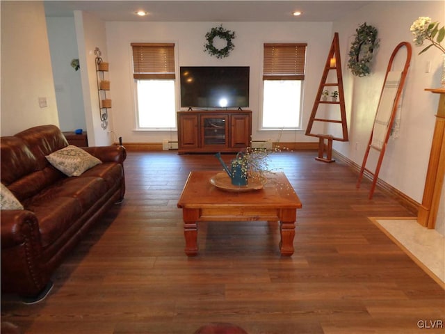 living room with plenty of natural light and dark wood-type flooring