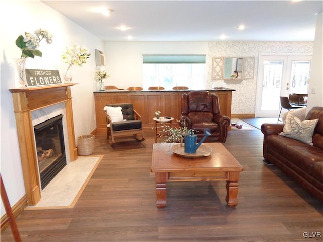 living room featuring dark wood-type flooring