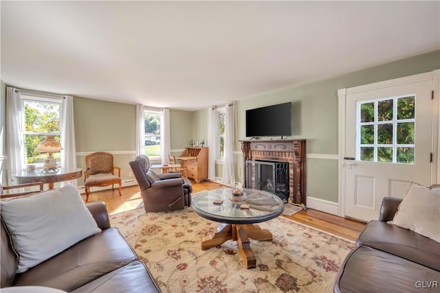 living room featuring a fireplace, plenty of natural light, light wood-type flooring, and a baseboard radiator